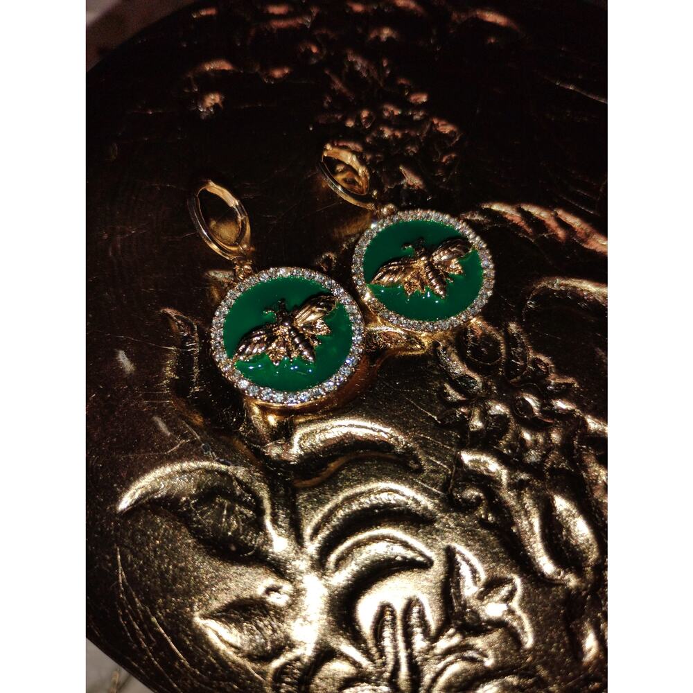 Gold Tone Green Bee Dangle Earrings with Clear Stones